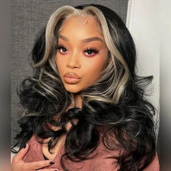 Woman With Long Black and Blonde Body Wave Hair Styled Elegantly