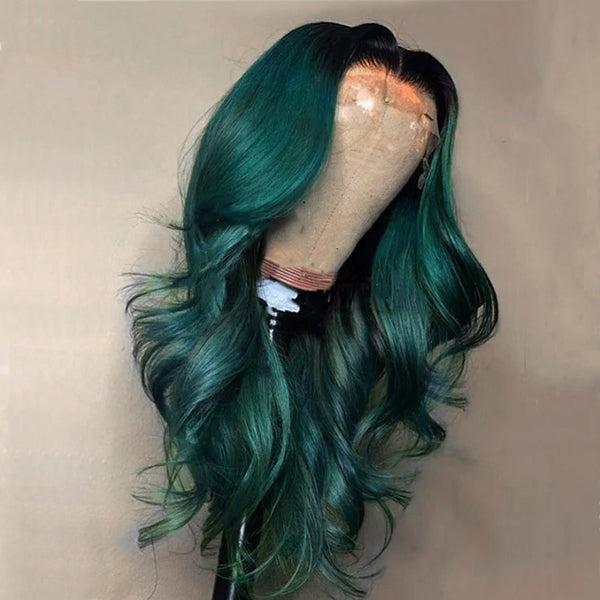 Dark Green Body Wave Lace Frontal Wig On Mannequin Highlighting Its Glossy, Wavy Texture