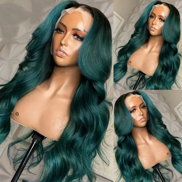 Dark Green Body Wave Lace Frontal Wig On Mannequin With Natural Hairline