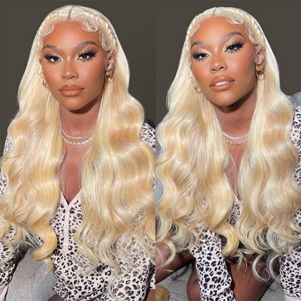 Woman Displaying 613 Honey Blonde Body Wave Wig With Styled Waves