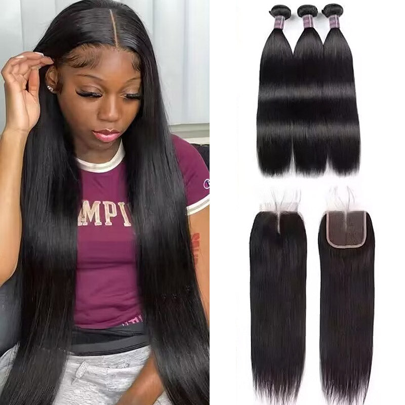 Woman with long straight black hair wearing a white top and blue jeans, showcasing the smooth texture of Peruvian straight hair bundles in two side-by-side images.