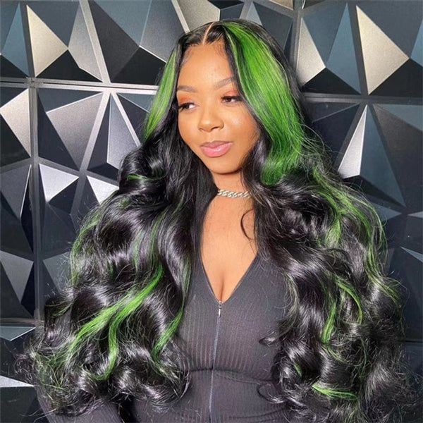 Woman With Green Skunk Stripe Lace Front Wig and Body Wave Hairstyle