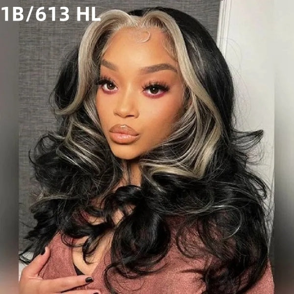 Model With 1B/613 Highlight Wig Featuring Soft Curls and a Radiant Shine