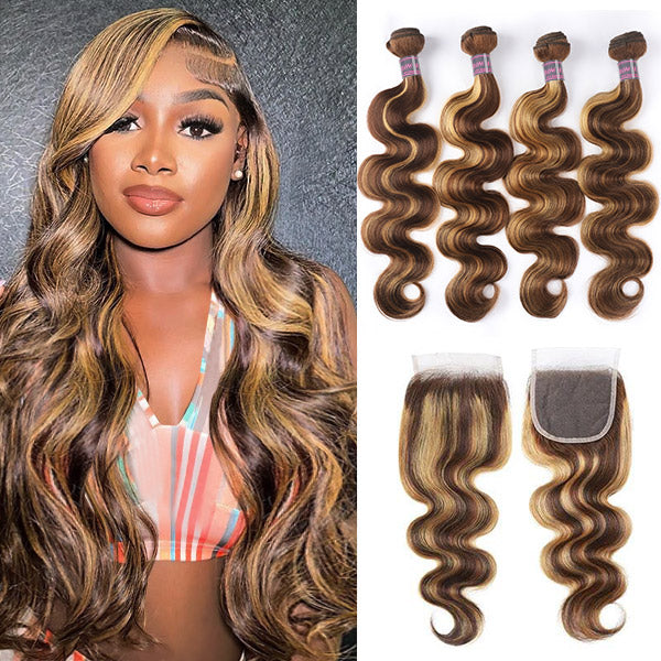 Four bundles of P4/27 highlight Brazilian body wave human hair with matching 4x4 lace closure, featuring body wave texture and brown-blonde highlights, 10A grade quality.