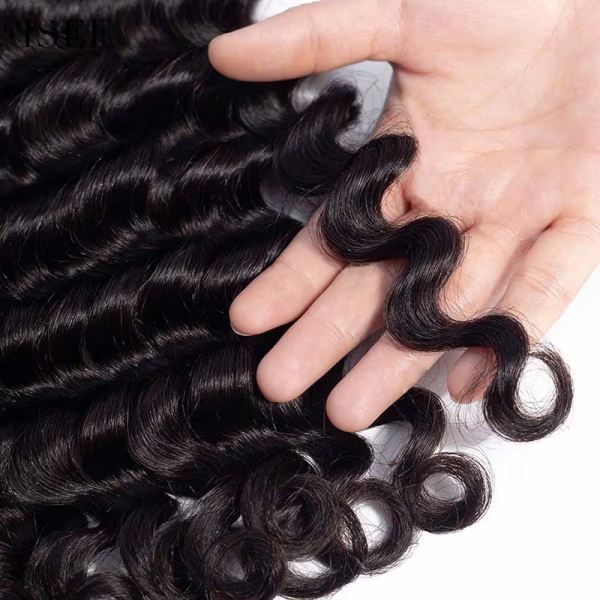 Close-Up of Loose Deep Wave Human Hair Curls in Natural Black Color