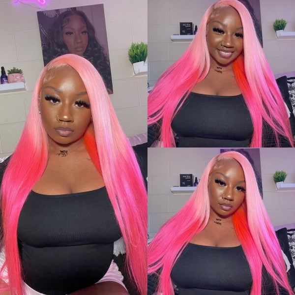 Model Showcasing Barbie Pink Straight Hair Wig in a Stylish Black Top
