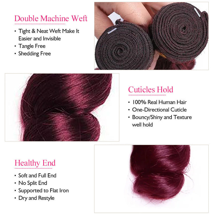 Burgundy #99J Loose Wave Bundles Features: Machine Weft, Cuticle Hold