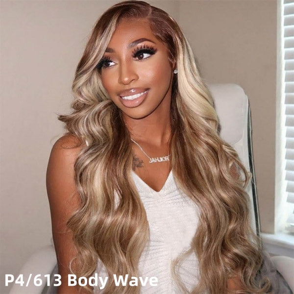 Model With Long P4/613 Body Wave Wig Featuring Soft Curls and a Radiant Shine