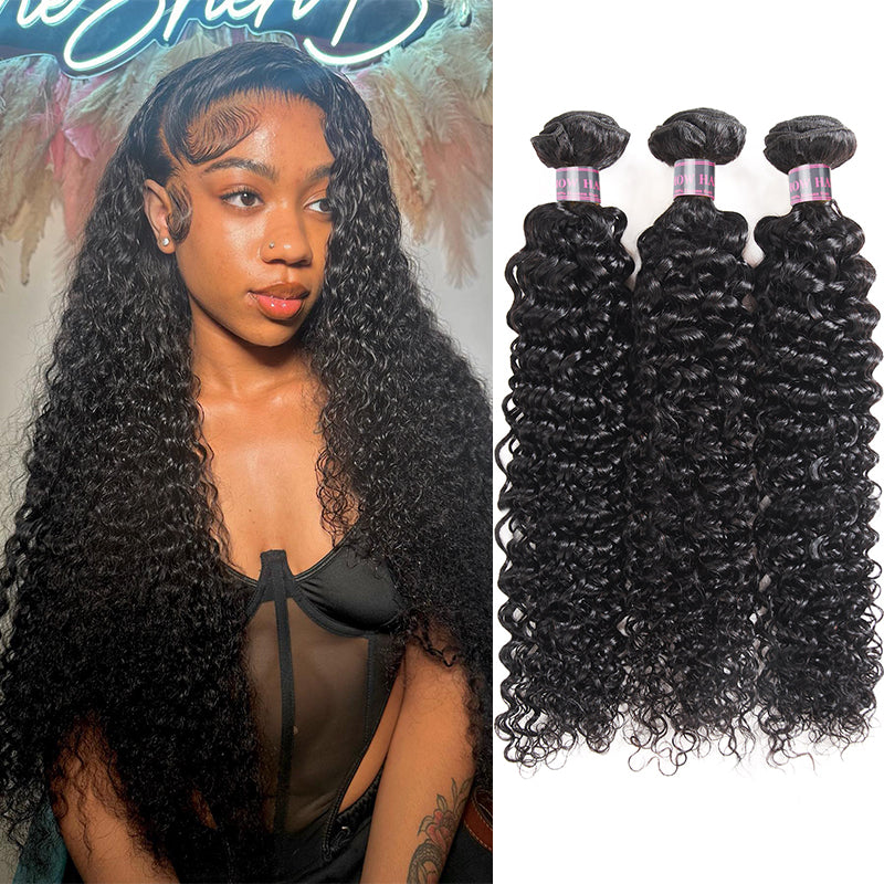 Three bundles of Mongolian kinky curly hair weaves from Ishow Beauty with text highlighting features such as 100% real human hair, softness, and ability to dye, curl, and straighten.