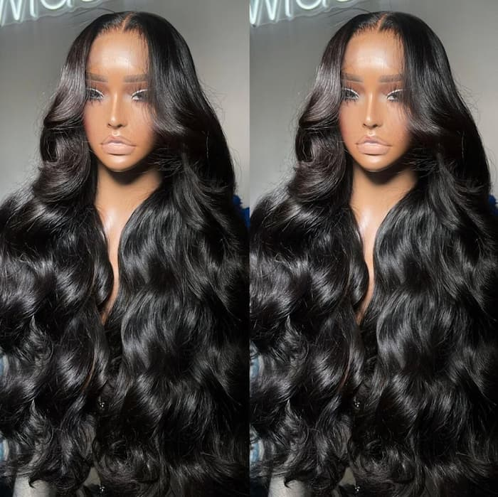 Stunning Model Showcasing 22-Inch Body Wave Glueless Human Hair Wig in Natural Black