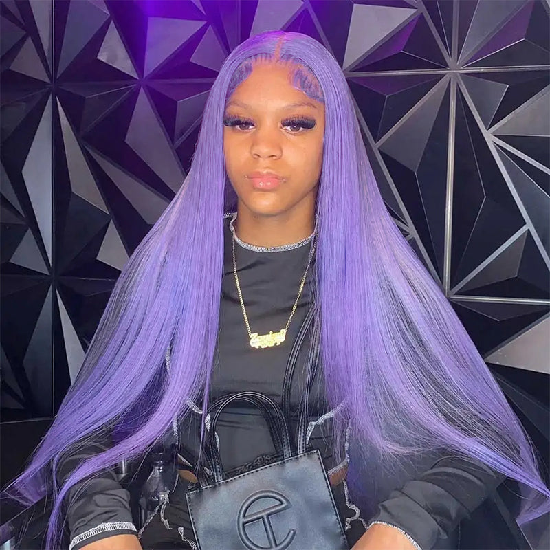 Woman Modeling Long Straight Light Purple Lace Front Wig