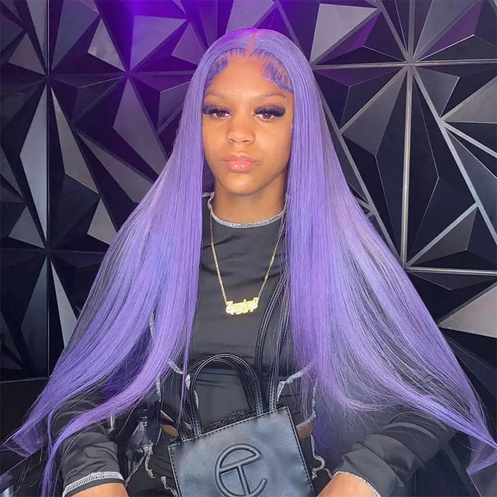 Woman Modeling Long Straight Light Purple Lace Front Wig