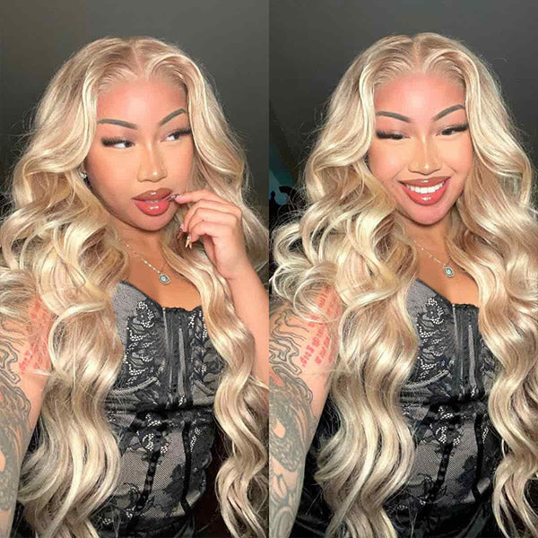 Woman with a Barbie blonde body wave wig with brown highlights from Ishow Beauty. Left side shows loose waves, and right side shows a half-up, half-down hairstyle. Cream ribbed top and nameplate necklace.