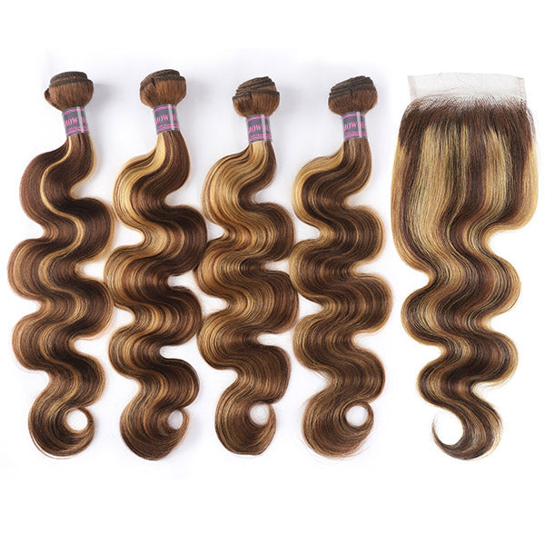 P4/27 Body Wave Human Hair Bundles With Lace Closure