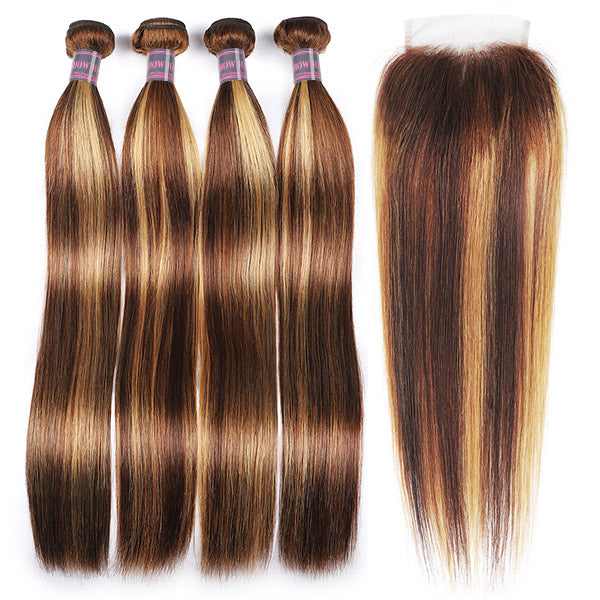Ishow Straight Hair Bundles in P4/27 Color With 4X4 Lace Closure