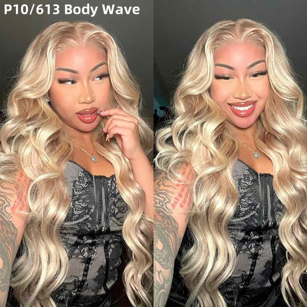 Woman Wearing a P10/613 Body Wave Wig, Highlighting Style and Shine
