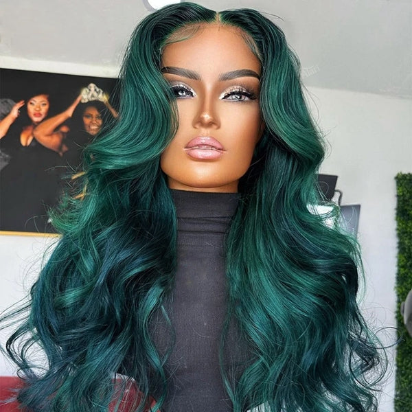 Dark Green Body Wave Lace Frontal Wig Styled On a Mannequin With Natural Hairline