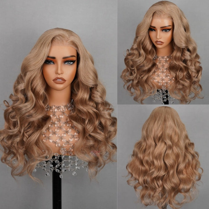 Light Flaxen Brown Body Wave Wig On Mannequin Showcasing Cascading Curls and Volume