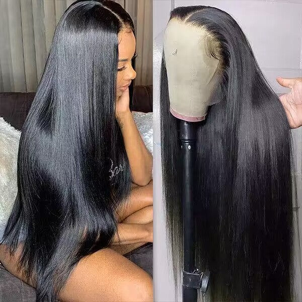 Collage of a model wearing a long straight natural black human hair wig with HD lace frontal, showcasing pre-plucked and undetectable hairline close-ups.