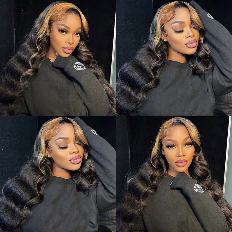 Long Wavy Black and Blonde-Highlighted Hair Model in Black Sweatshirt