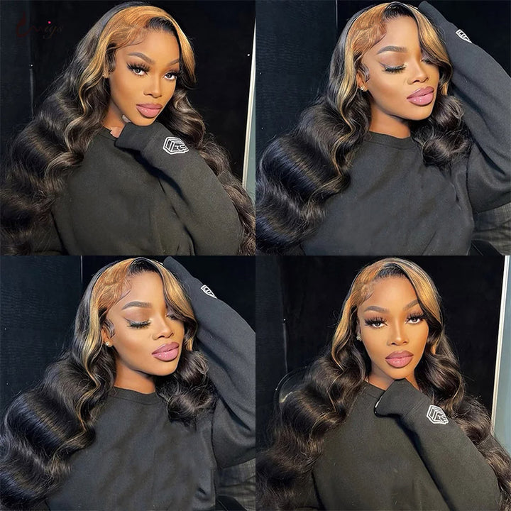 Long Wavy Black and Blonde-Highlighted Hair Model in Black Sweatshirt