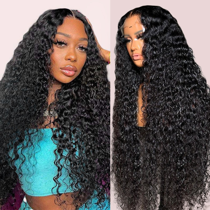 Model With Long Water Wave Human Hair Wig in Natural Black Color