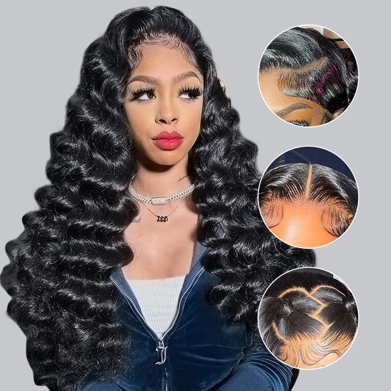Model in Loose Deep Wave Wig With Styled Baby Hairs, Showing Pre-Plucked Hairline Details
