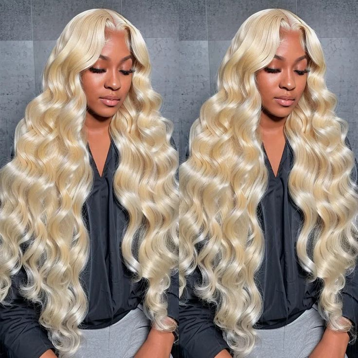 Model Wearing Long Honey Blonde Body Wave Wig With Natural Look
