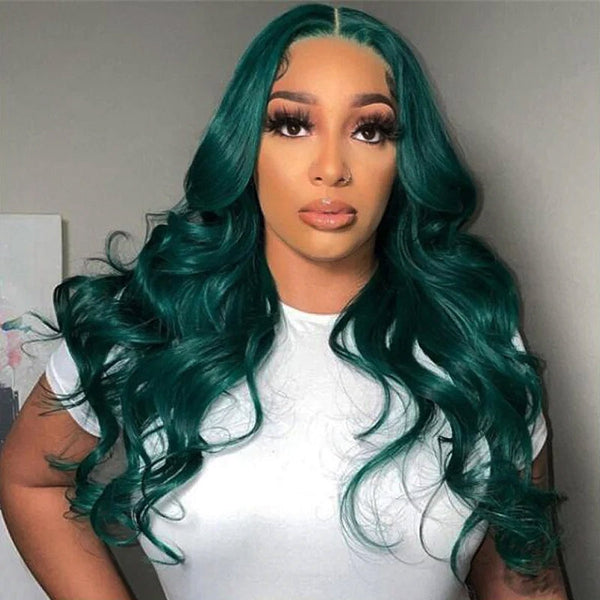 Woman With Dark Green Body Wave Lace Frontal Wig and Natural-Looking Style