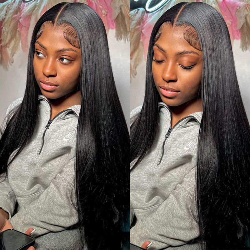 Collage of Ishow Brazilian Straight Human Hair Wig in 13x6 Lace Front style, showcased on a mannequin head and worn by a woman highlighting its natural hairline, HD transparent lace, and sleek straight texture.