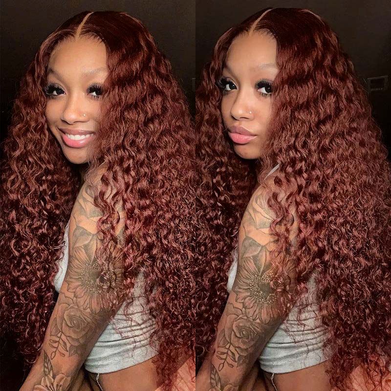 Model Showcasing Reddish Brown Deep Curly Lace Front Wig On Both Sides