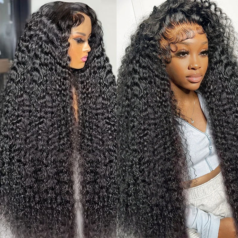 Deep Wave Human Hair Wig Displayed On a Model, Showcasing Long Voluminous Curls