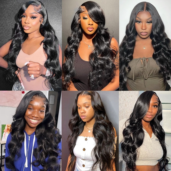 Various Models Wearing 18-Inch Black Body Wave Wigs With Different Styles