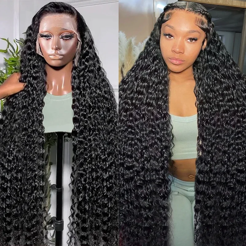 30 Inch Deep Wave Wig in Natural Black On Mannequin and Styled On a Model