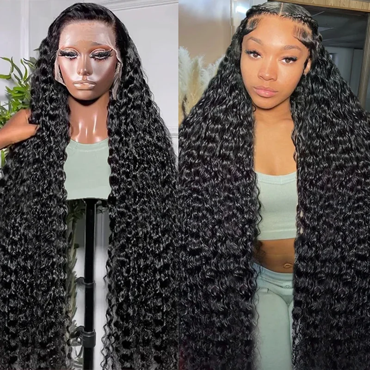 30 Inch Deep Wave Wig in Natural Black On Mannequin and Styled On a Model
