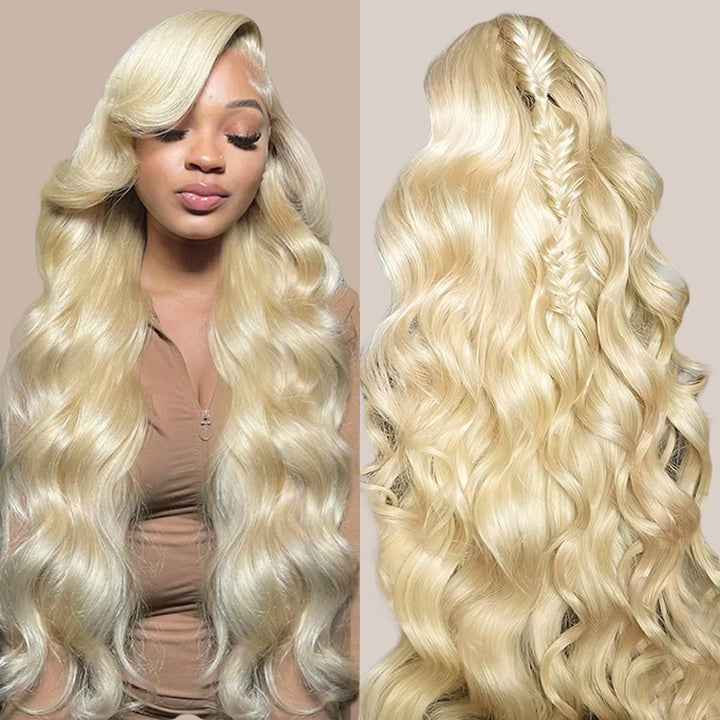 Blonde Body Wave Wig Displayed On a Model With Long, Flowing Hair