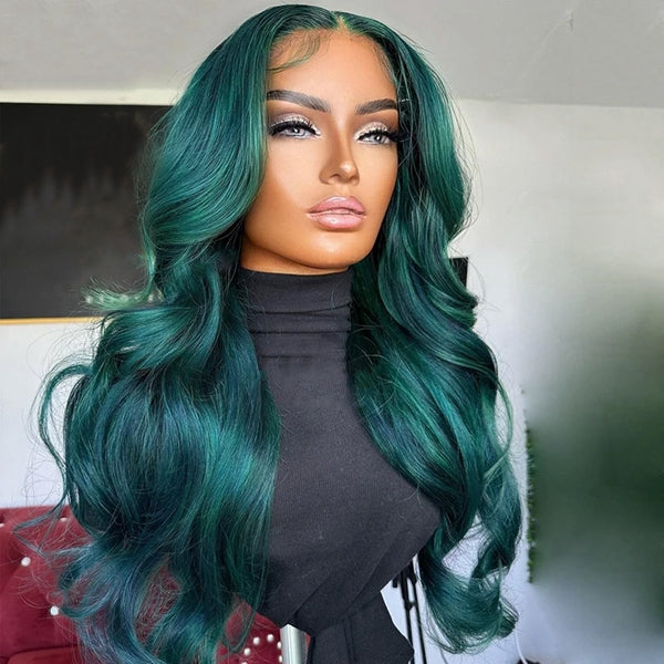 Styled Dark Green Body Wave Lace Frontal Wig On Mannequin Showcasing Glossy Texture