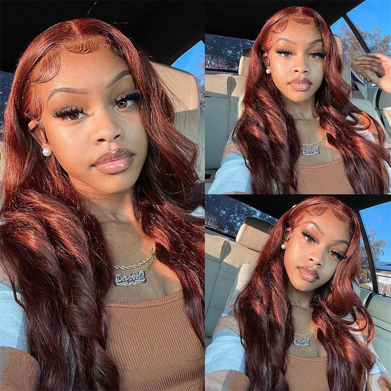 Woman With Auburn Body Wave Wig, Reddish-Brown Hair, Ishow Hair Wig