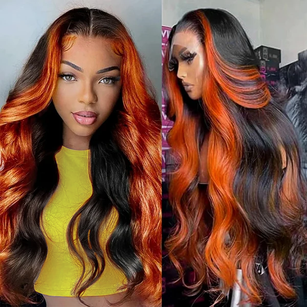 Model and Mannequin Featuring Highlighted Ginger Black Body Wave Wigs