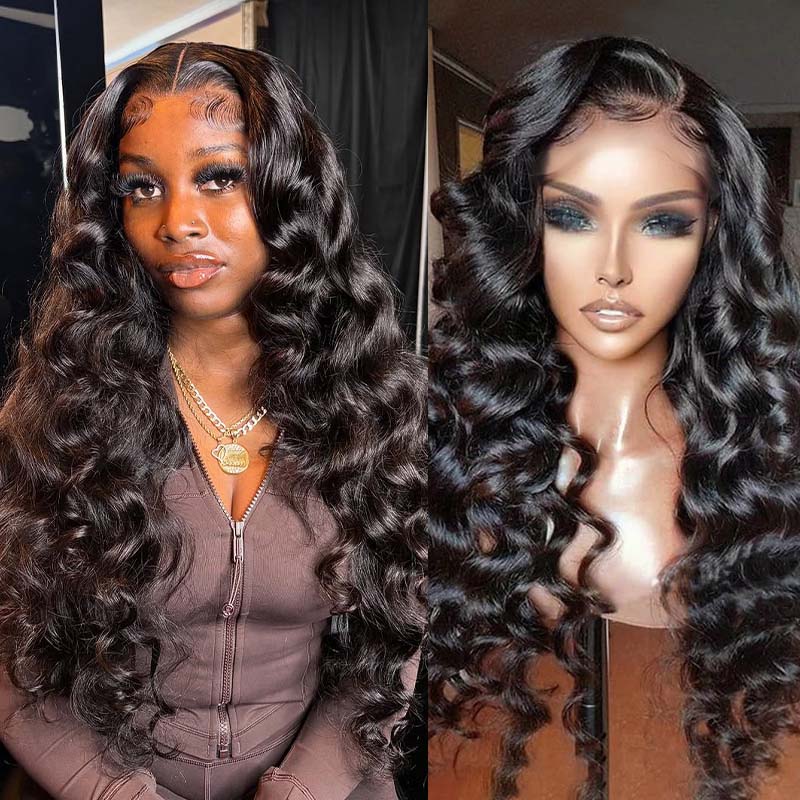 Woman wearing a transparent lace wig with loose wave hair styled in long, voluminous curls. The wig is natural black and made of 100% human hair, featuring a 13x4 undetectable HD lace front.