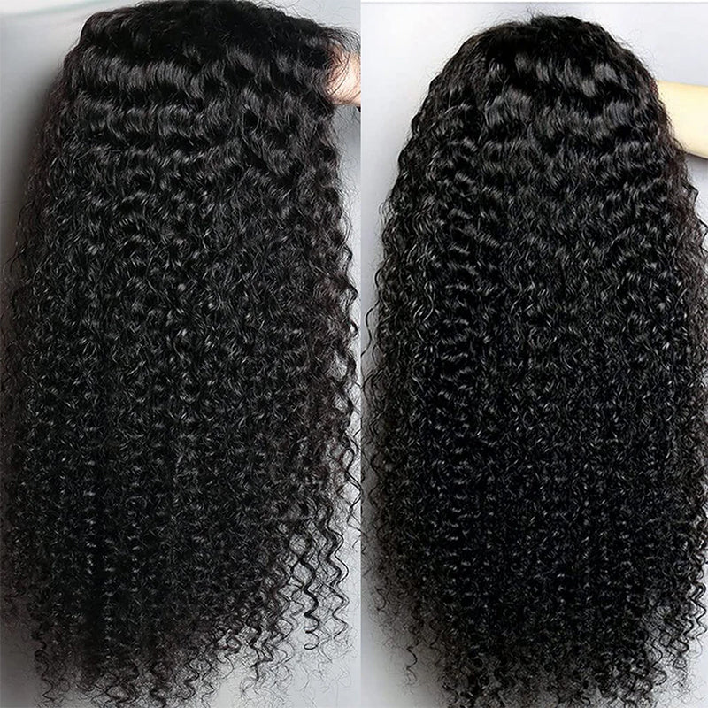 Kinky Curly Lace Front Wig in Natural Black, Highlighting Volume and Curls From Both Sides