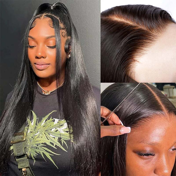 Model With Straight 360 Lace Frontal Wig, Featuring a Natural Hairline and Part