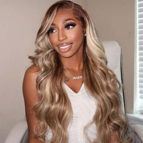 Brown and Blonde Body Wave Wig Displayed On a Smiling Model With Long Curls