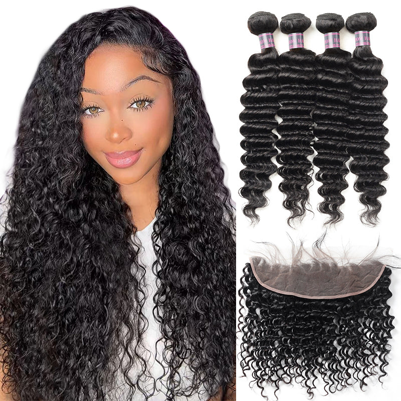 Malaysian Deep Wave Hair Bundles and Lace Frontal Displayed With a Model