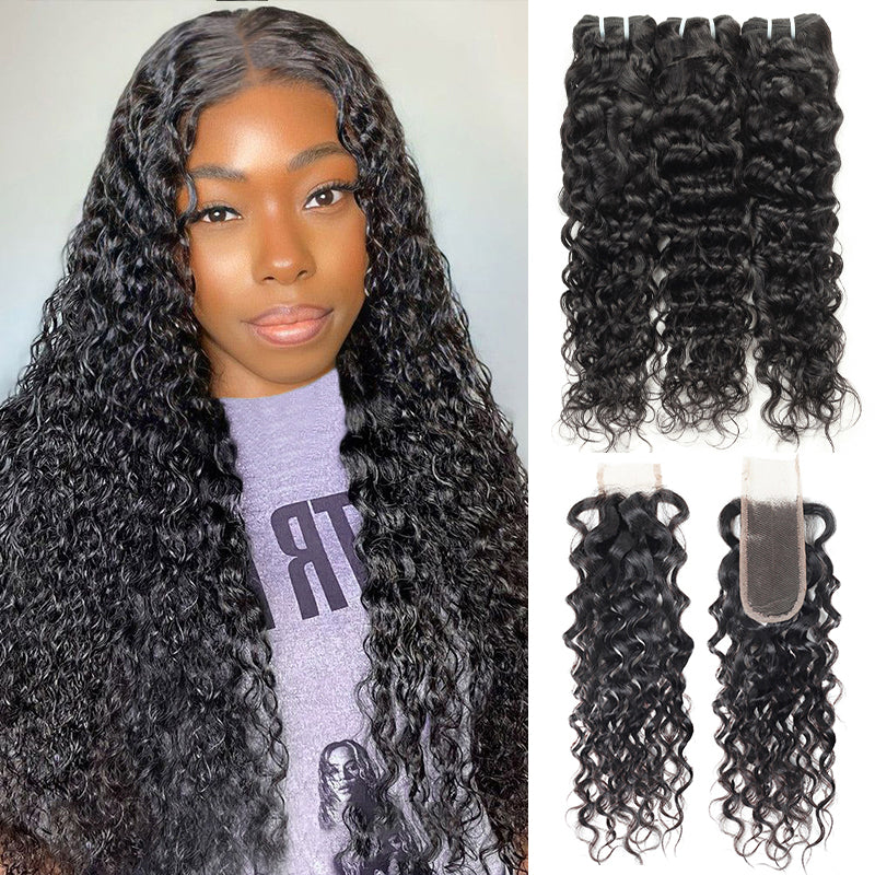 Ishow Water Wave Hair Bundles With 2X6 Lace Closure