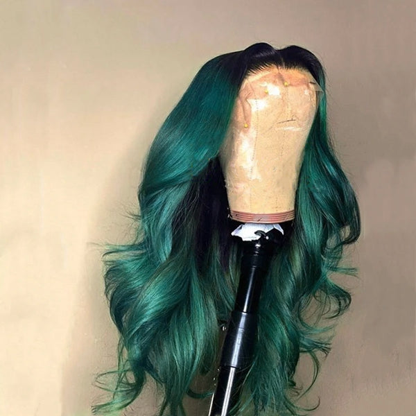 Dark Green Body Wave Lace Frontal Wig On Mannequin Highlighting Natural Waves and Shine