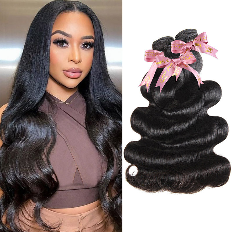 Woman with long straight black hair in a black top next to three bundles of Brazilian Straight Hair wrapped with pink ribbons, showcasing Ishow 12A Grade High Quality Brazilian Hair Straight.
