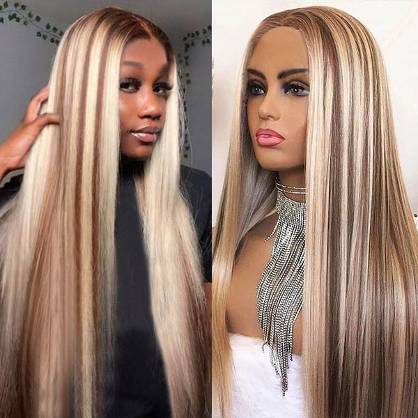 Person wearing Ishow PPB Invisible Knots P4/613 Brown with Blonde Highlighted Glueless Human Hair Wig demonstrating its straight texture and highlighted style.