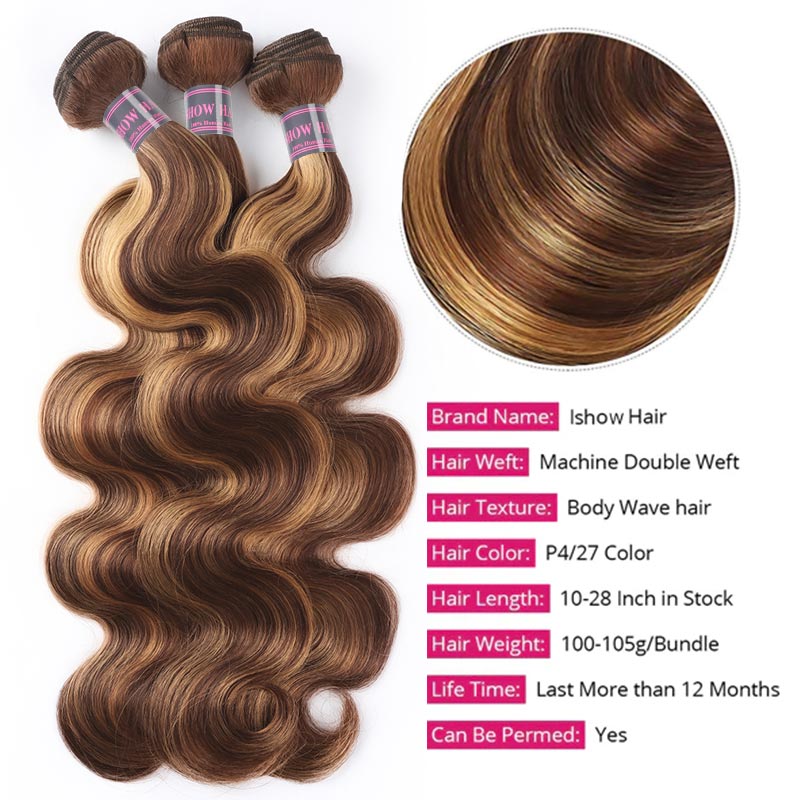 Ishow Hair P4/27 Body Wave Hair Bundles, 10-28 Inch, Machine Double Weft
