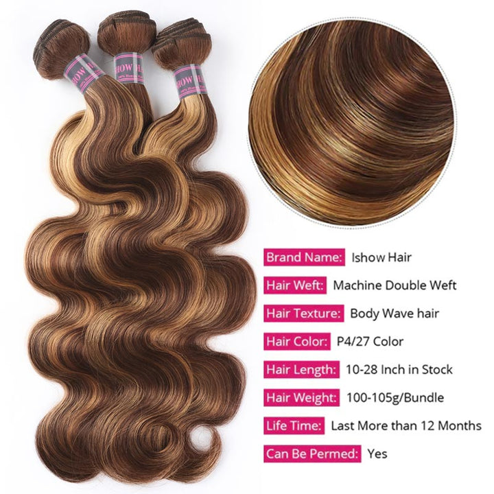 Ishow Hair P4/27 Body Wave Hair Bundles, 10-28 Inch, Machine Double Weft